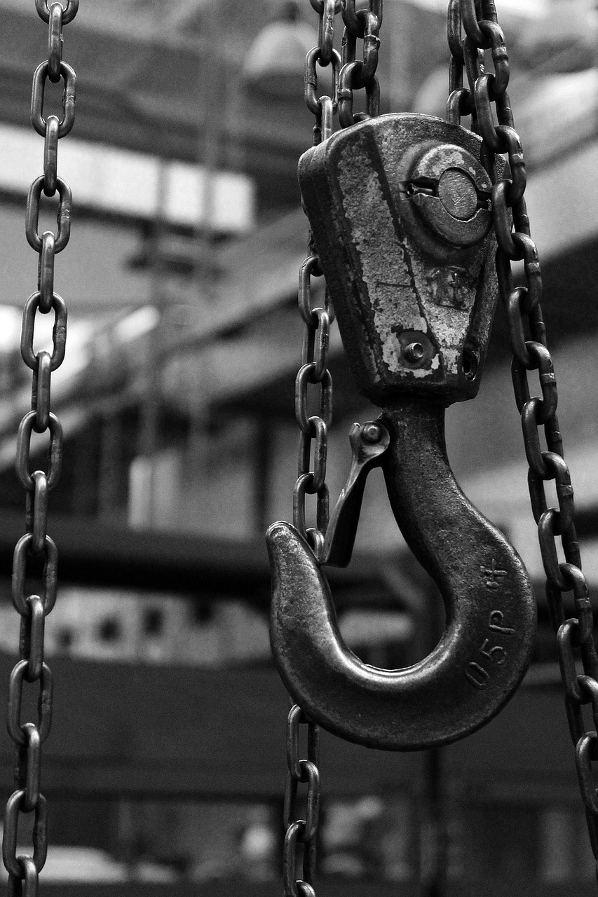 hook, metal, crane, black, chains, heavy, weight, black and white, monochrome, hook, hook, hook, hook, crane, crane, crane, crane, crane, chains, weight