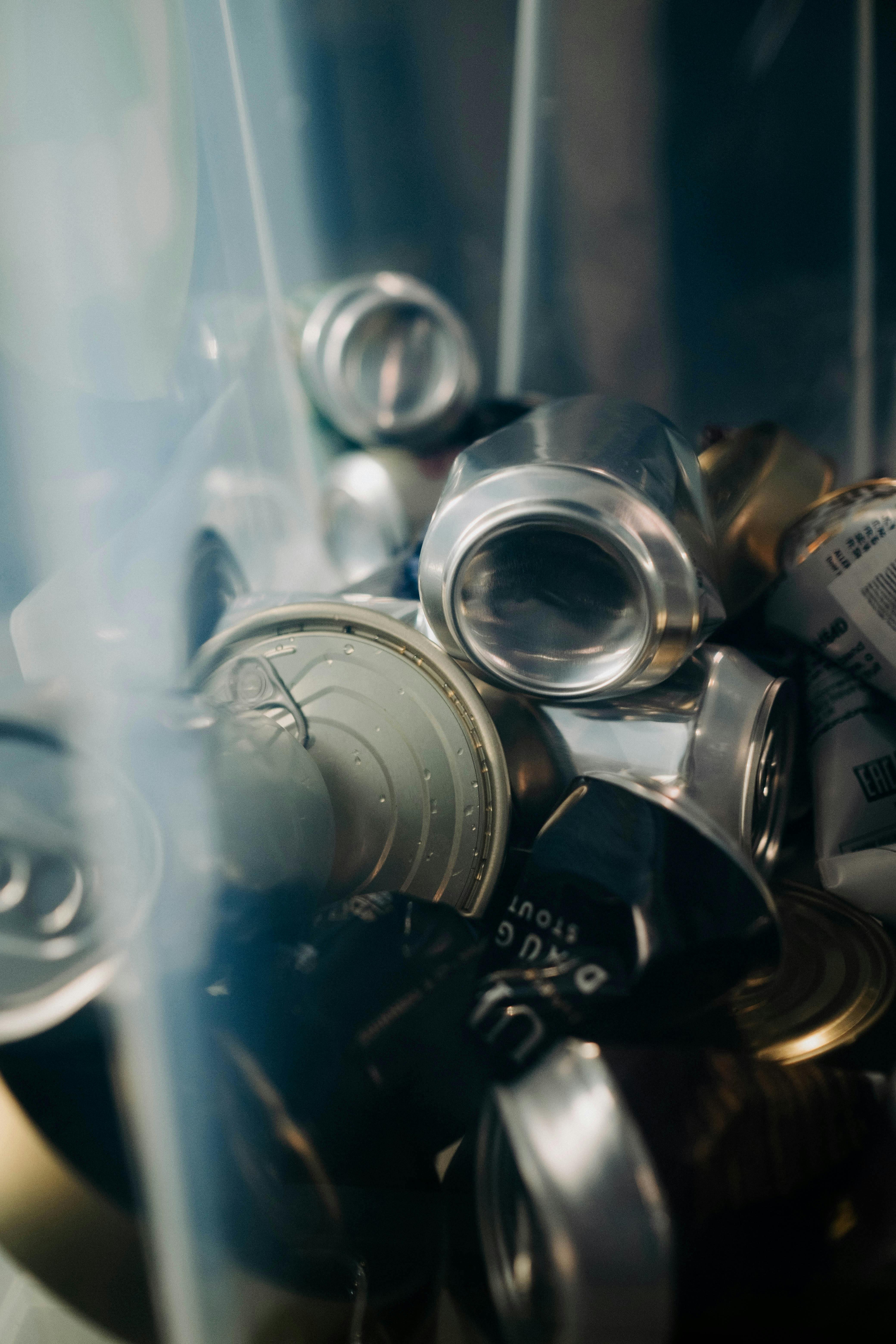 An assortment of tin cans ready for recycling. Eco-friendly waste management concept.